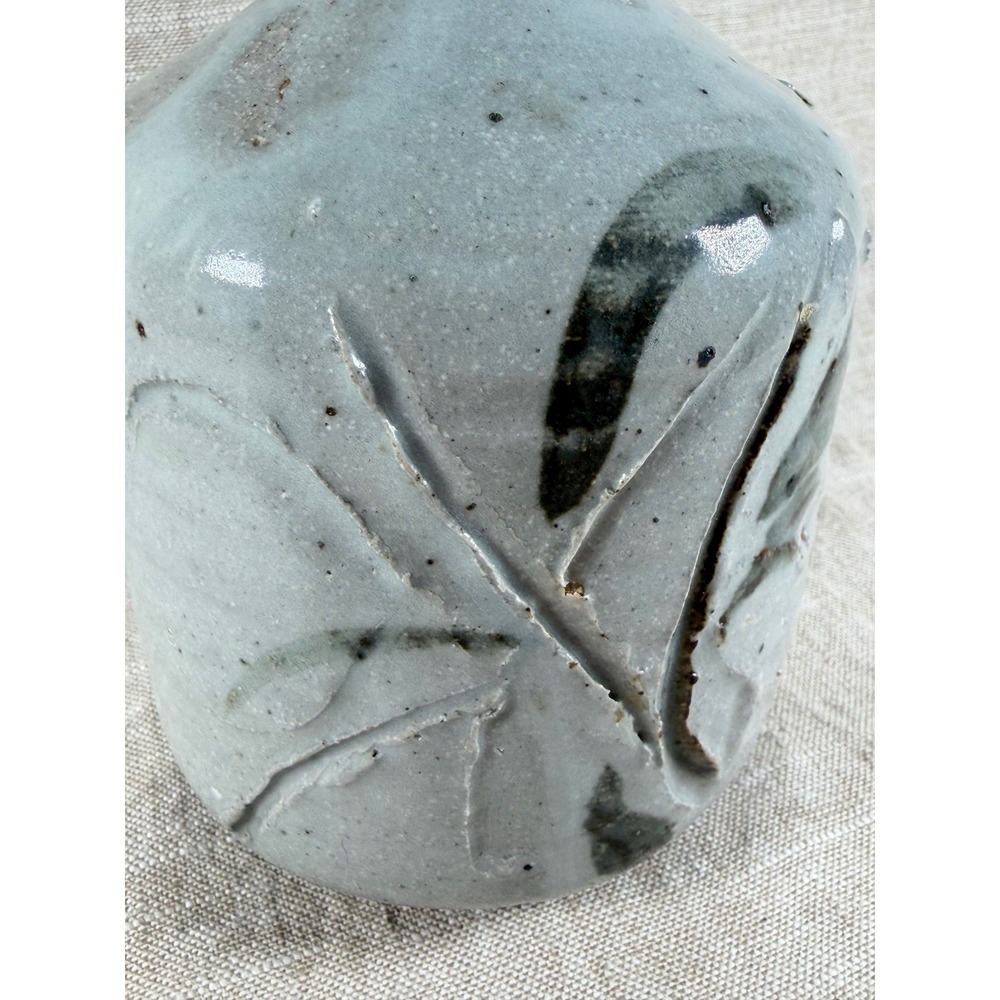 Vintage Studio Pottery Vase Hand Painted Leaf Design Blue Gray Ceramic Bud Vase - Picture 2 of 8